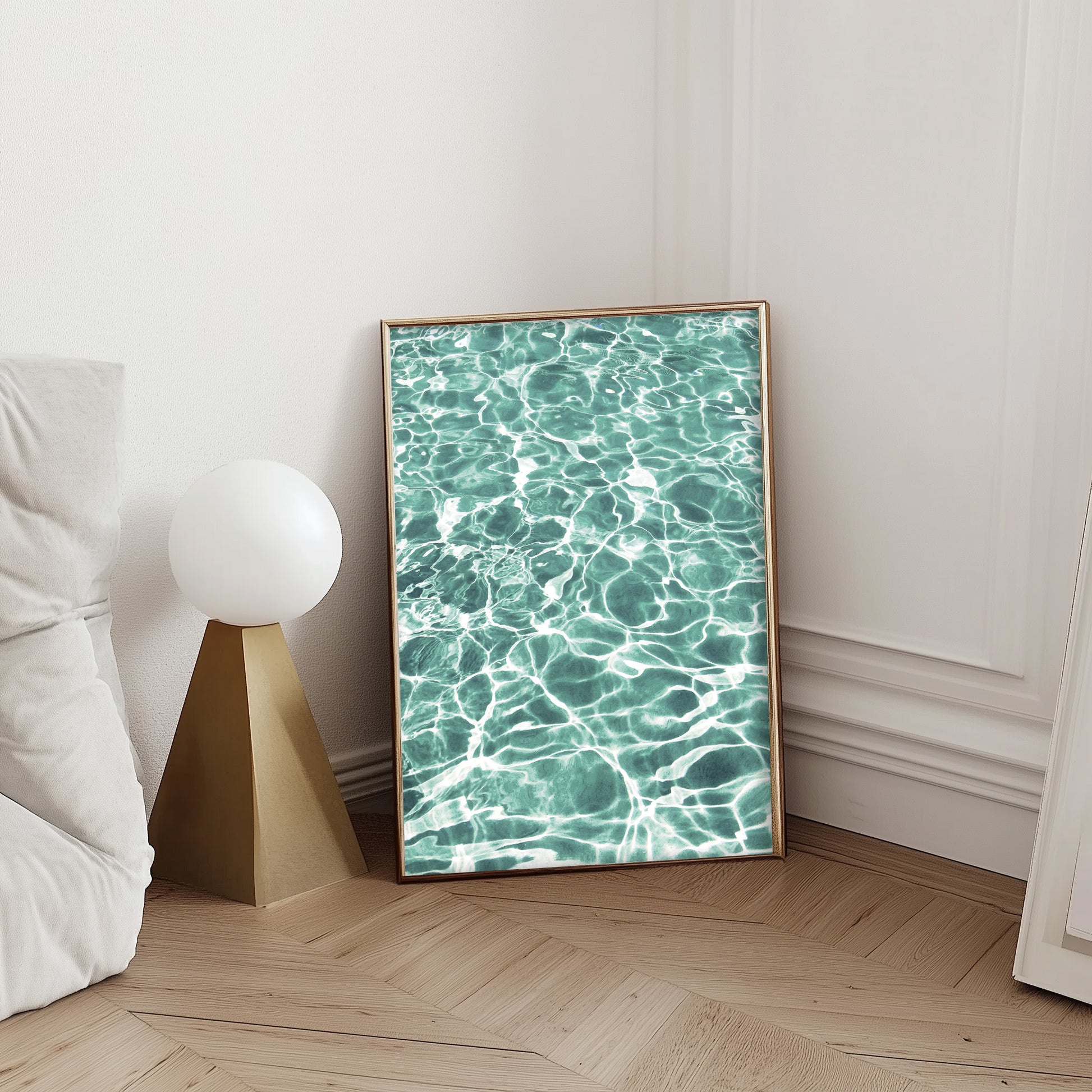 Abstract green aquatic artwork featuring serene pool reflections and organic wave-like patterns, perfect for modern coastal or minimalist interiors.