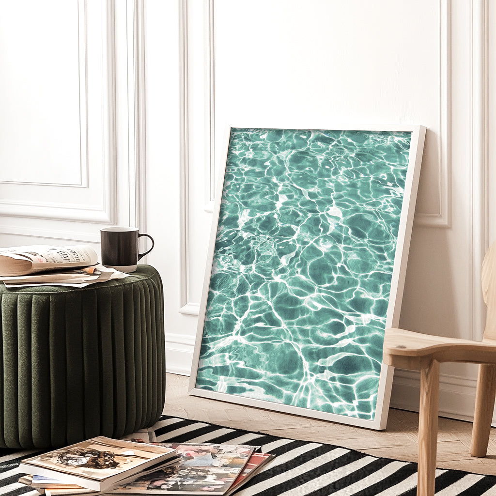 Abstract green aquatic artwork featuring serene pool reflections and organic wave-like patterns, perfect for modern coastal or minimalist interiors.