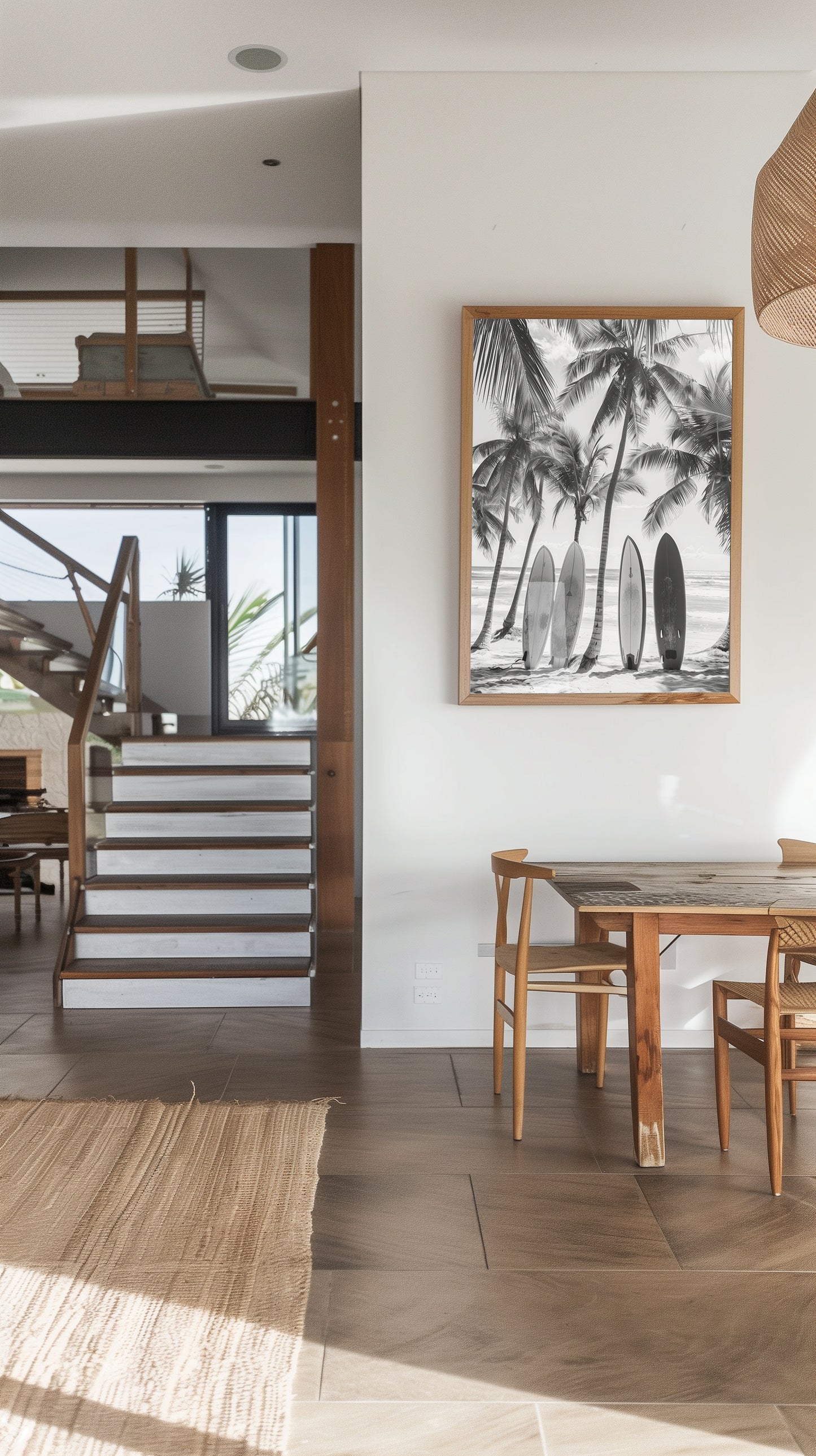 Black and white coastal wall art featuring surfboards lined up against palm trees on a tropical beach, capturing the vintage beach photography style and minimalist coastal decor.