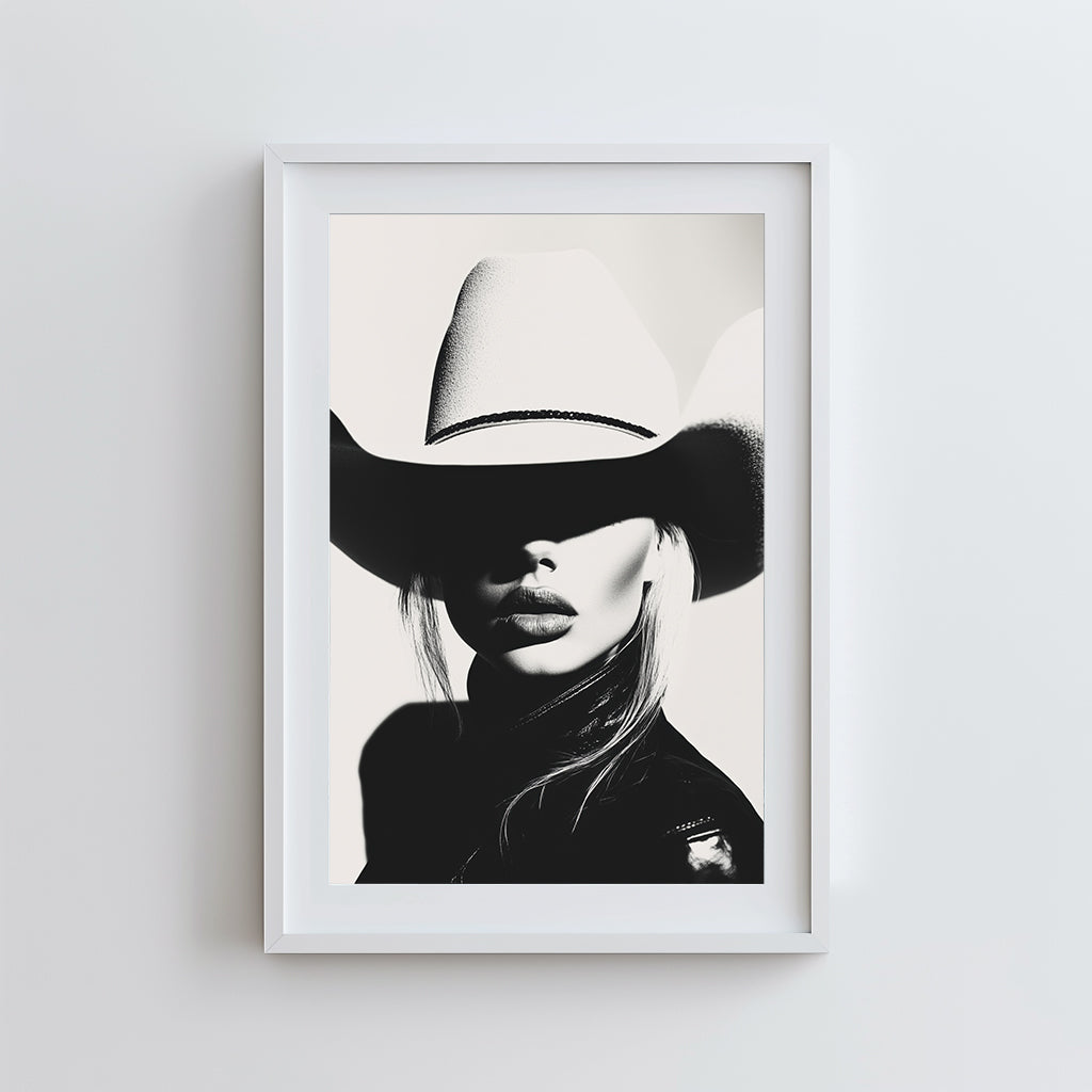 High-contrast black-and-white portrait of a model wearing a cowboy hat, blending minimalist western aesthetics with modern sophistication.