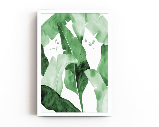 Watercolor painting of lush green tropical banana leaves with overlapping layers in various shades of green. Modern minimalist botanical artwork with subtle paint splatters, ideal for nature-inspired home decor