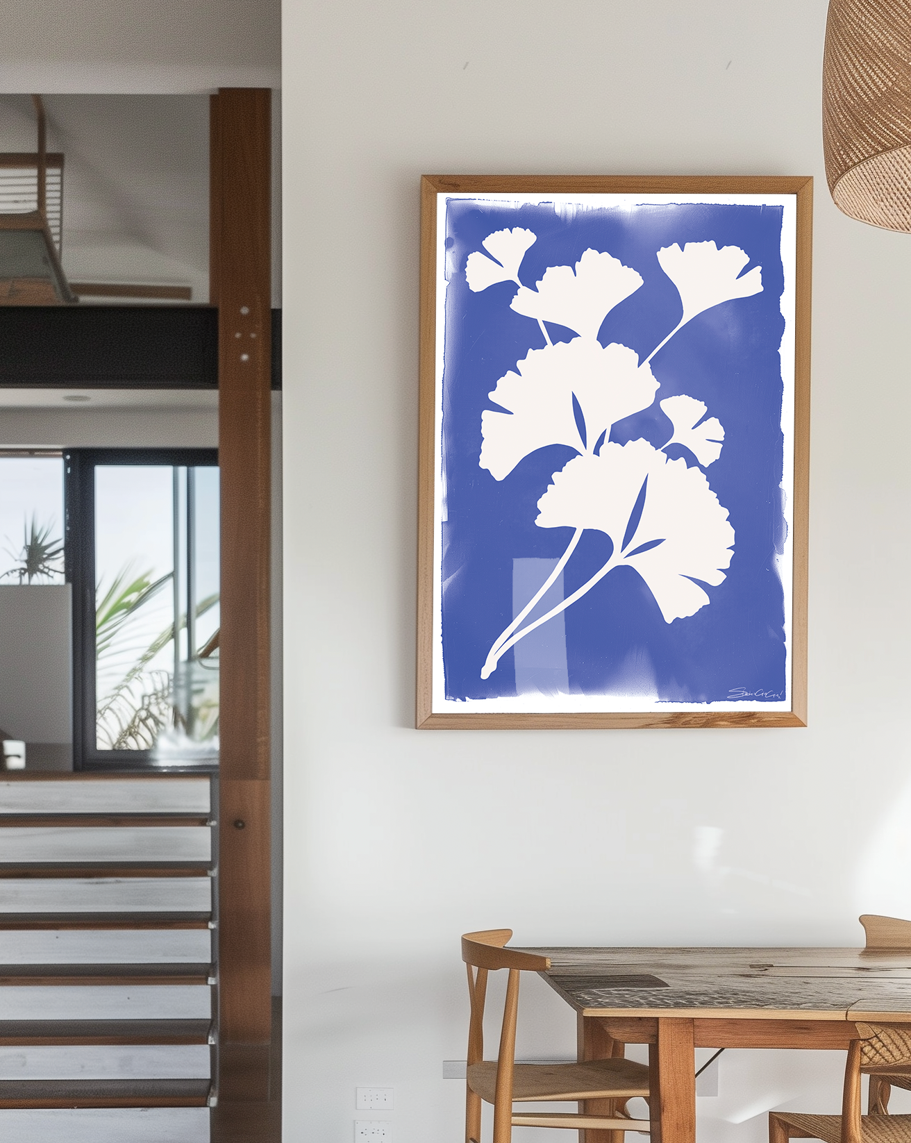 Botanical art print featuring minimalist ginkgo leaf silhouette in blue and white, perfect for nature-inspired and large size wall art.