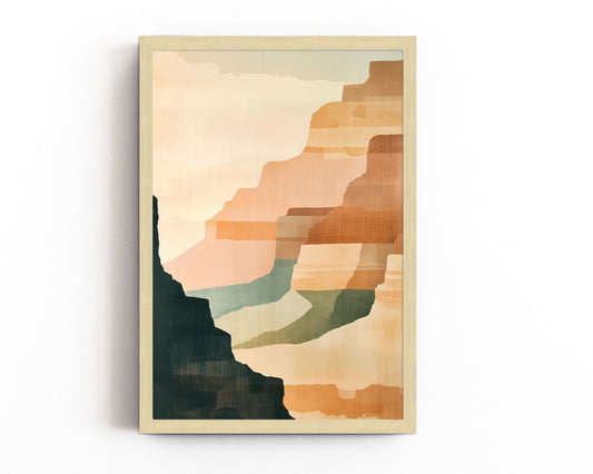 Abstract canyon landscape print with soft earth tones, muted greens, and oranges, evoking a calm southwestern desert scene.