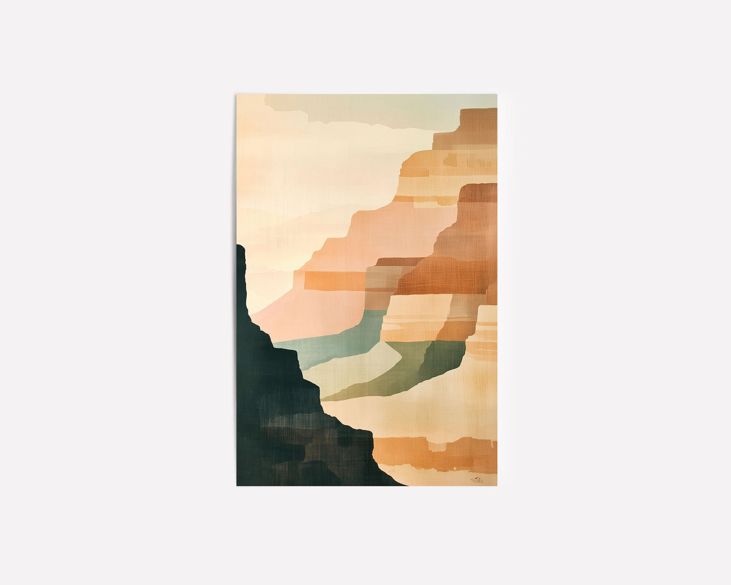 Abstract canyon landscape print with soft earth tones, muted greens, and oranges, evoking a calm southwestern desert scene.