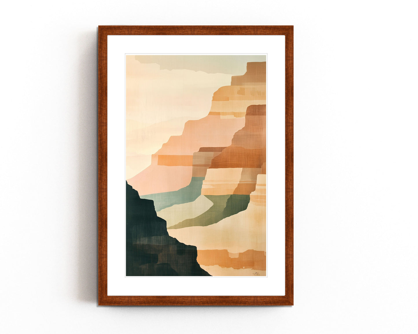 Abstract canyon landscape print with soft earth tones, muted greens, and oranges, evoking a calm southwestern desert scene.