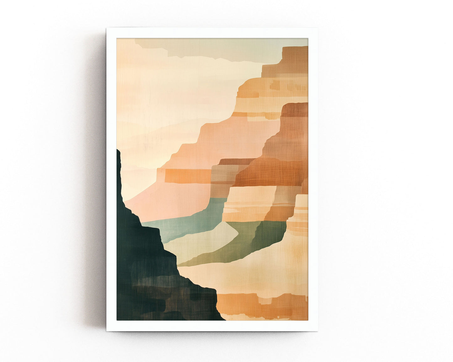 Abstract canyon landscape print with soft earth tones, muted greens, and oranges, evoking a calm southwestern desert scene.