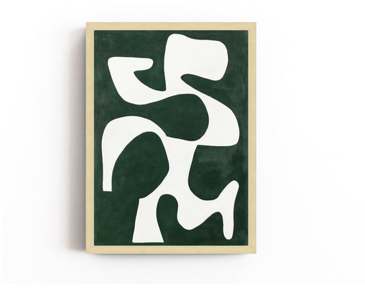 An abstract art print featuring bold white geometric shapes against a deep green background, perfect for modern and minimalist decor.