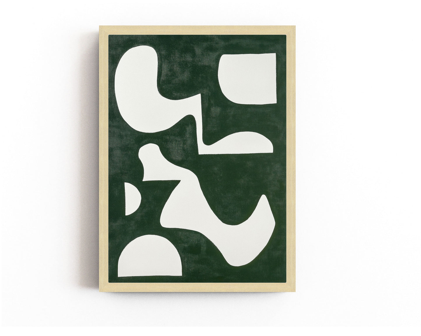 An abstract art print featuring bold white geometric shapes on a rich green background, perfect for modern and minimalist decor.