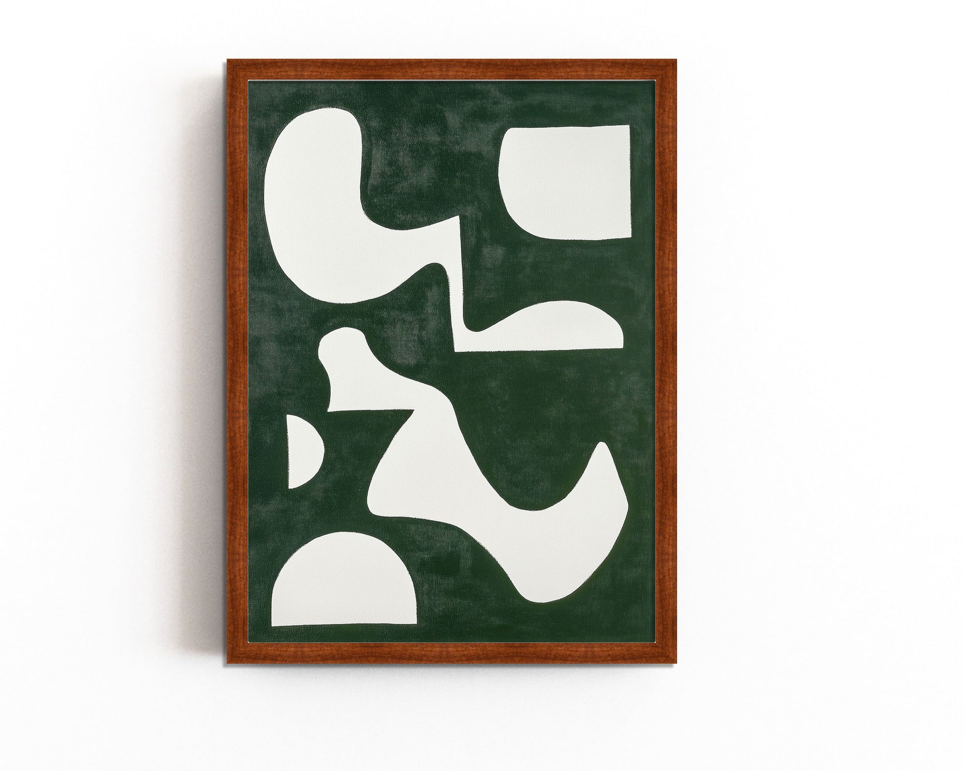 An abstract art print featuring bold white geometric shapes on a rich green background, perfect for modern and minimalist decor.