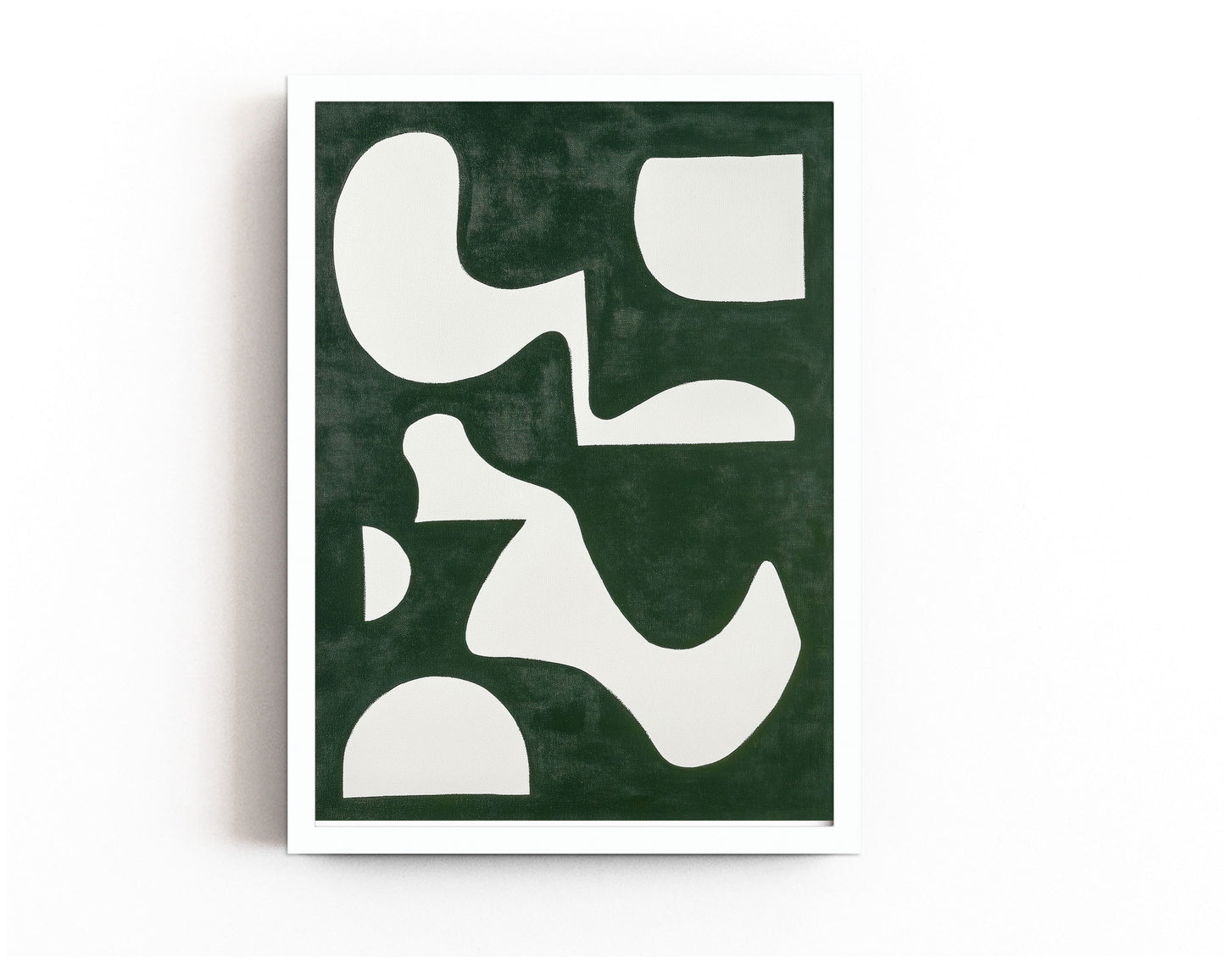 An abstract art print featuring bold white geometric shapes on a rich green background, perfect for modern and minimalist decor.