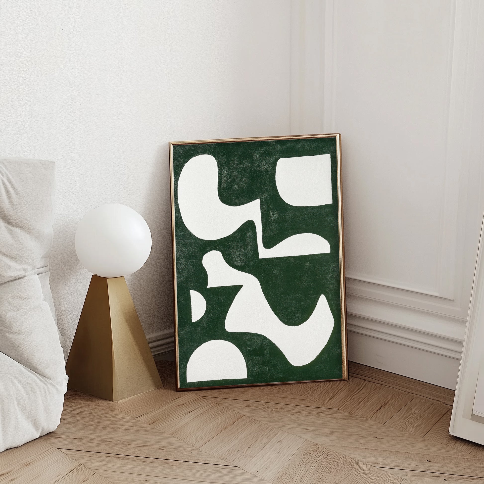 An abstract art print featuring bold white geometric shapes on a rich green background, perfect for modern and minimalist decor.