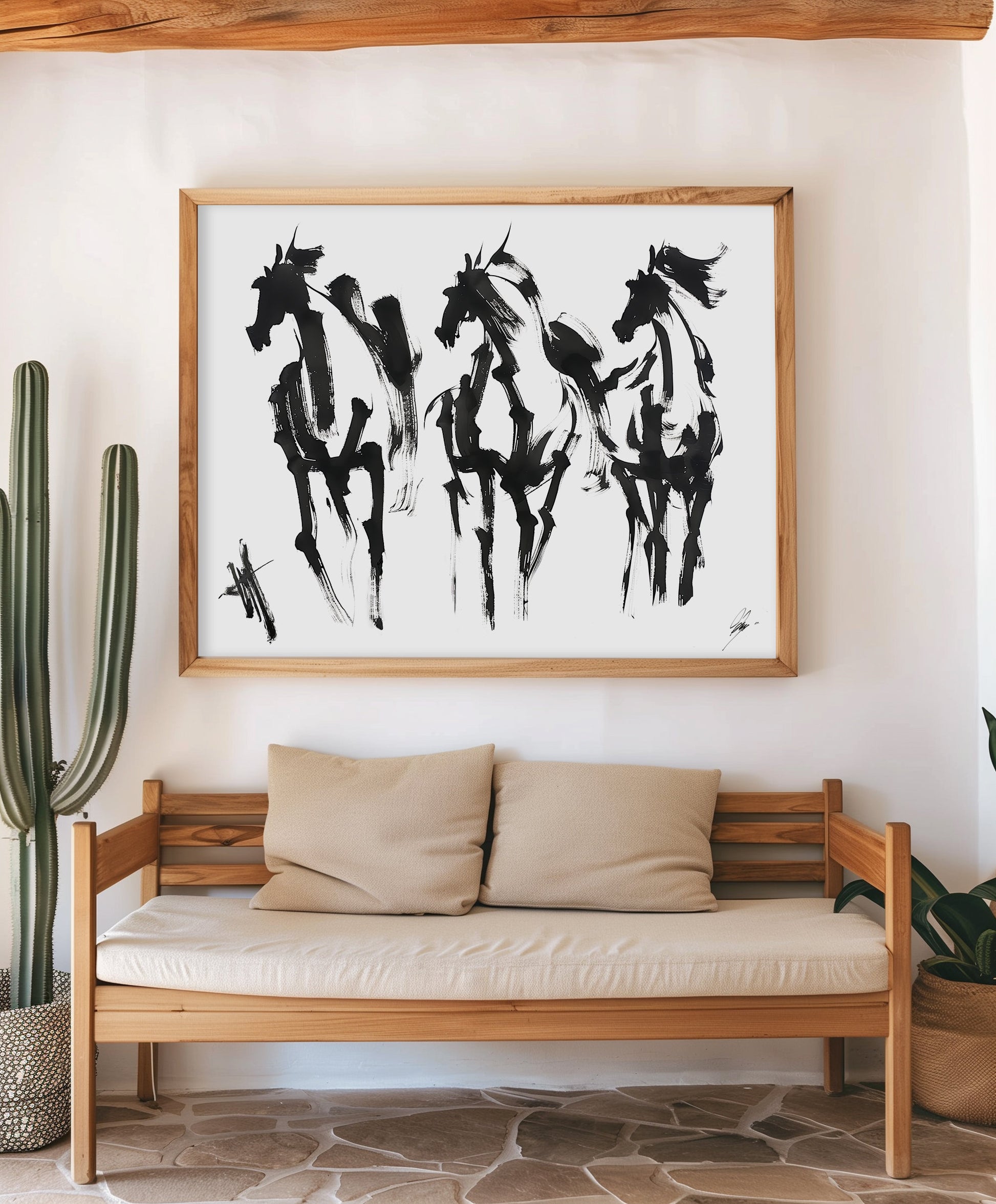 Bold abstract black and white horse art print featuring expressive brushstrokes capturing dynamic movement and equestrian energy.
