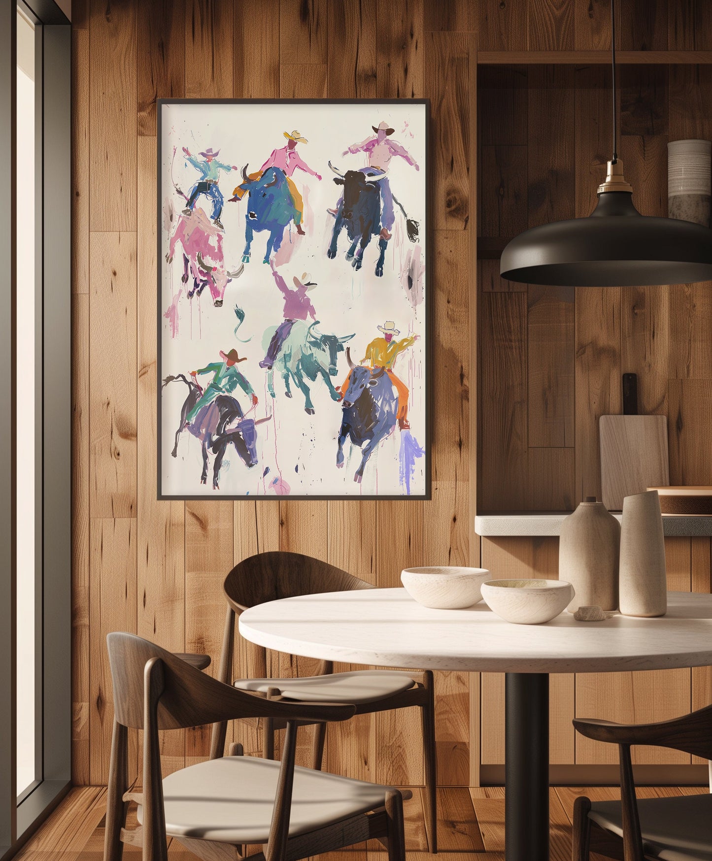 Colorful rodeo art print featuring vibrant cowboys riding bulls in a playful, abstract style. Perfect for modern western decor, contemporary rodeo wall art, and bold cowboy-inspired decor.