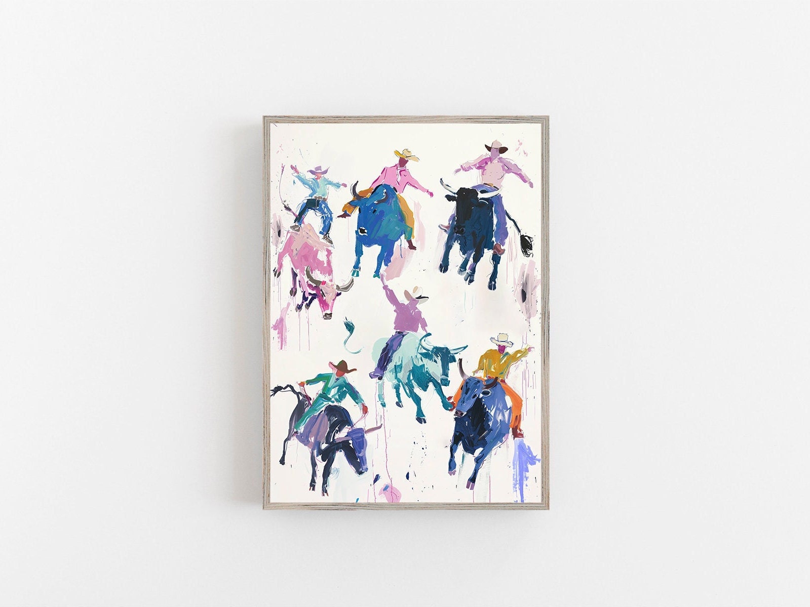 Colorful rodeo art print featuring vibrant cowboys riding bulls in a playful, abstract style. Perfect for modern western decor, contemporary rodeo wall art, and bold cowboy-inspired decor.