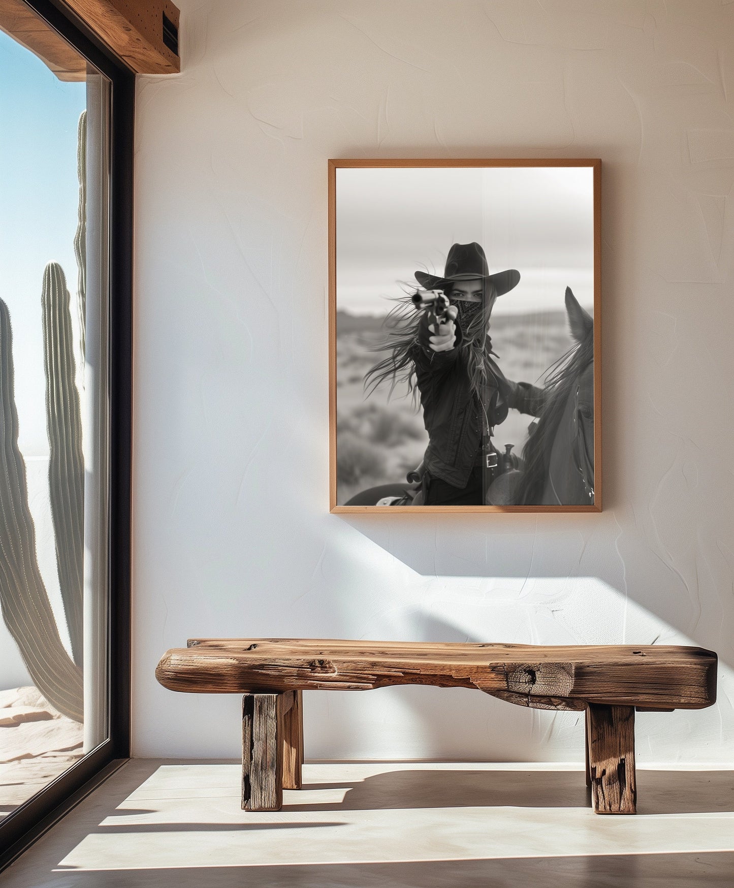 Black and white photograph of a female cowboy riding a horse, wearing a hat and bandana, aiming a revolver directly at the camera. The image captures a powerful, dramatic moment with a Western theme.