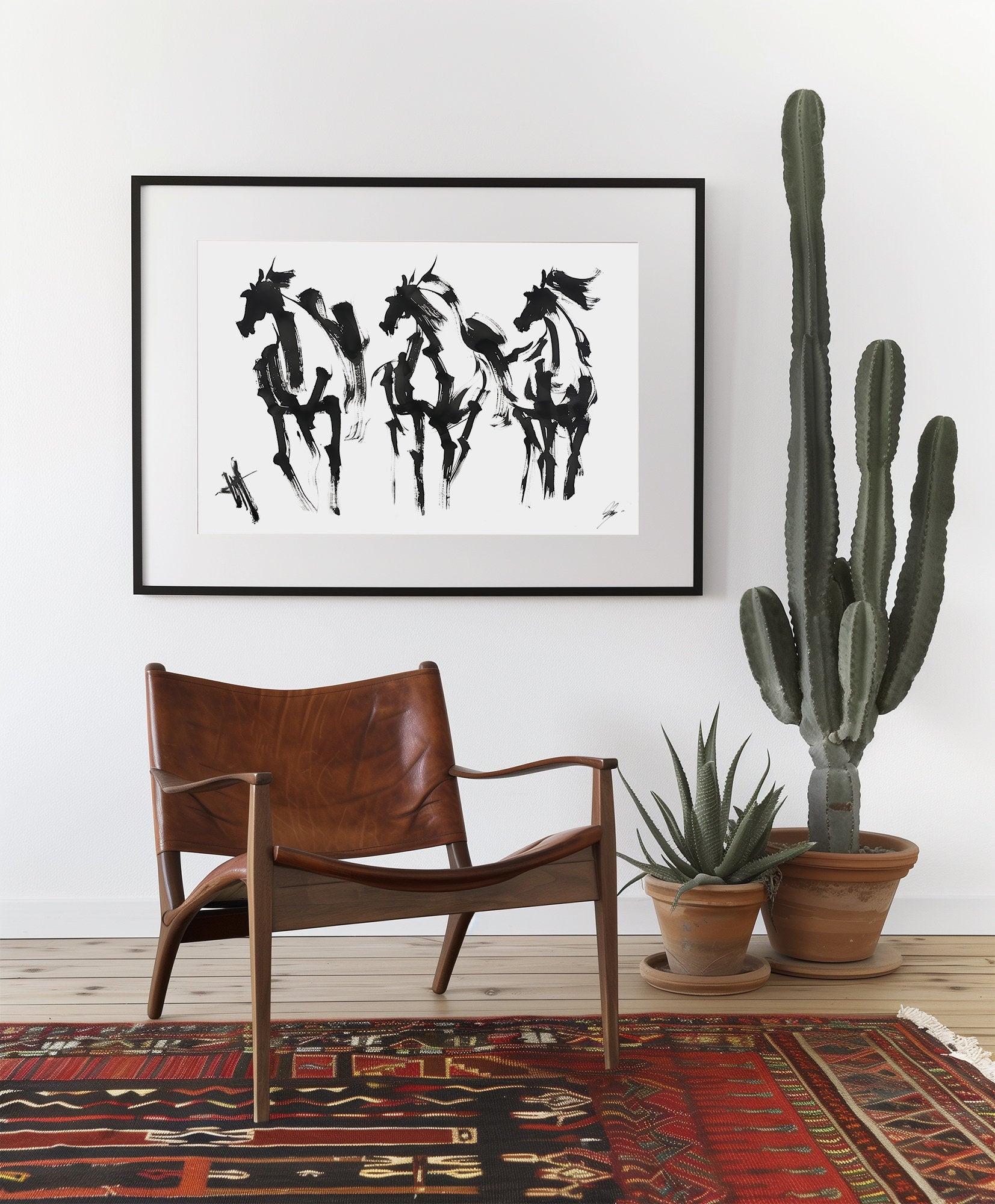 Bold abstract black and white horse art print featuring expressive brushstrokes capturing dynamic movement and equestrian energy.
