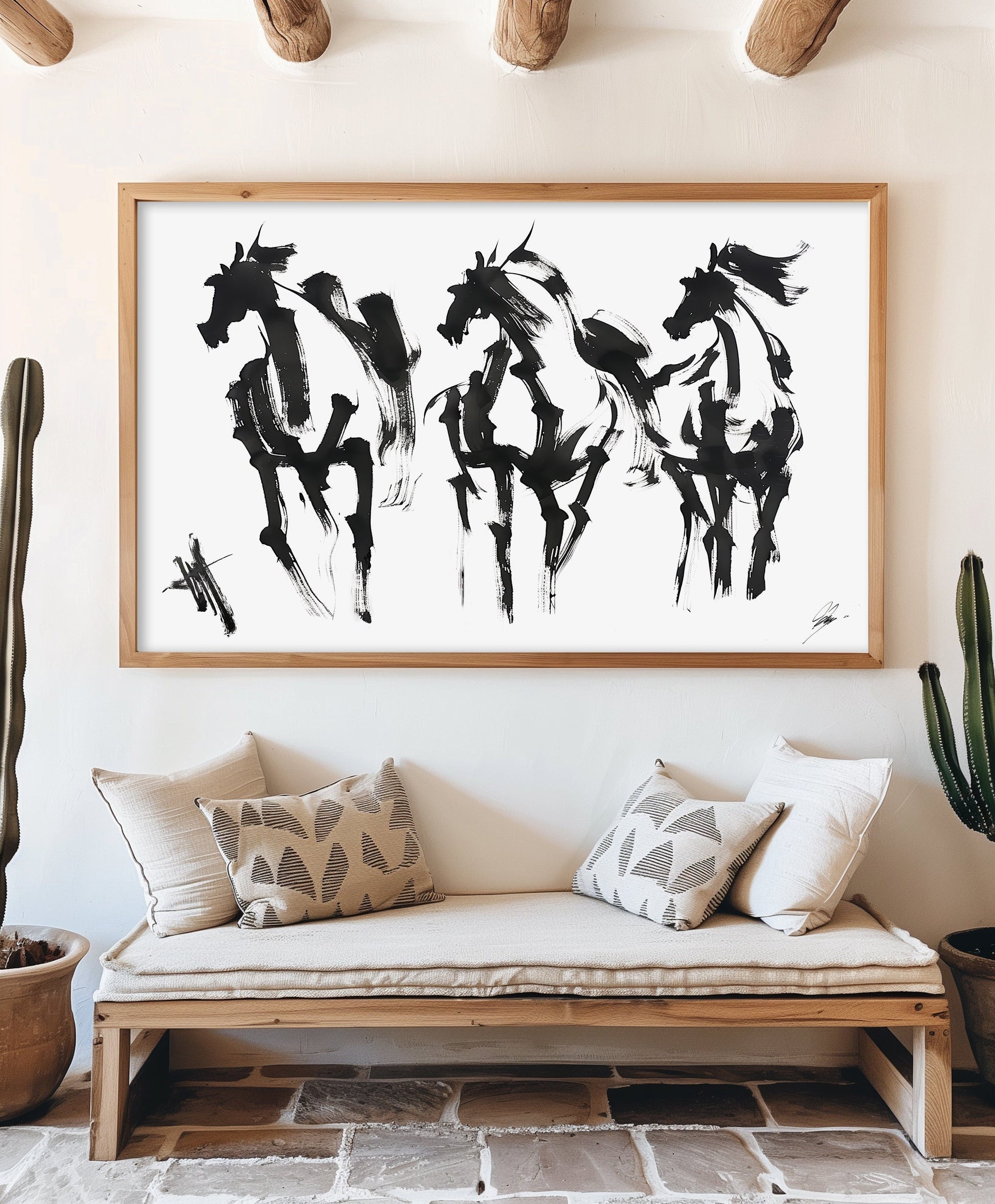 Bold abstract black and white horse art print featuring expressive brushstrokes capturing dynamic movement and equestrian energy.
