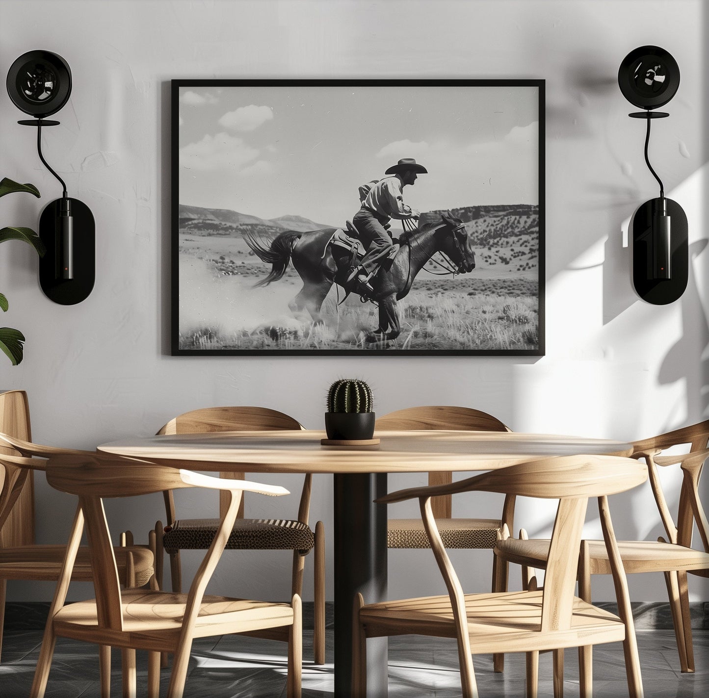 Black and white photography art featuring a cowboy riding a horse in a Western landscape, capturing the dynamic motion and timeless spirit of the Old West.