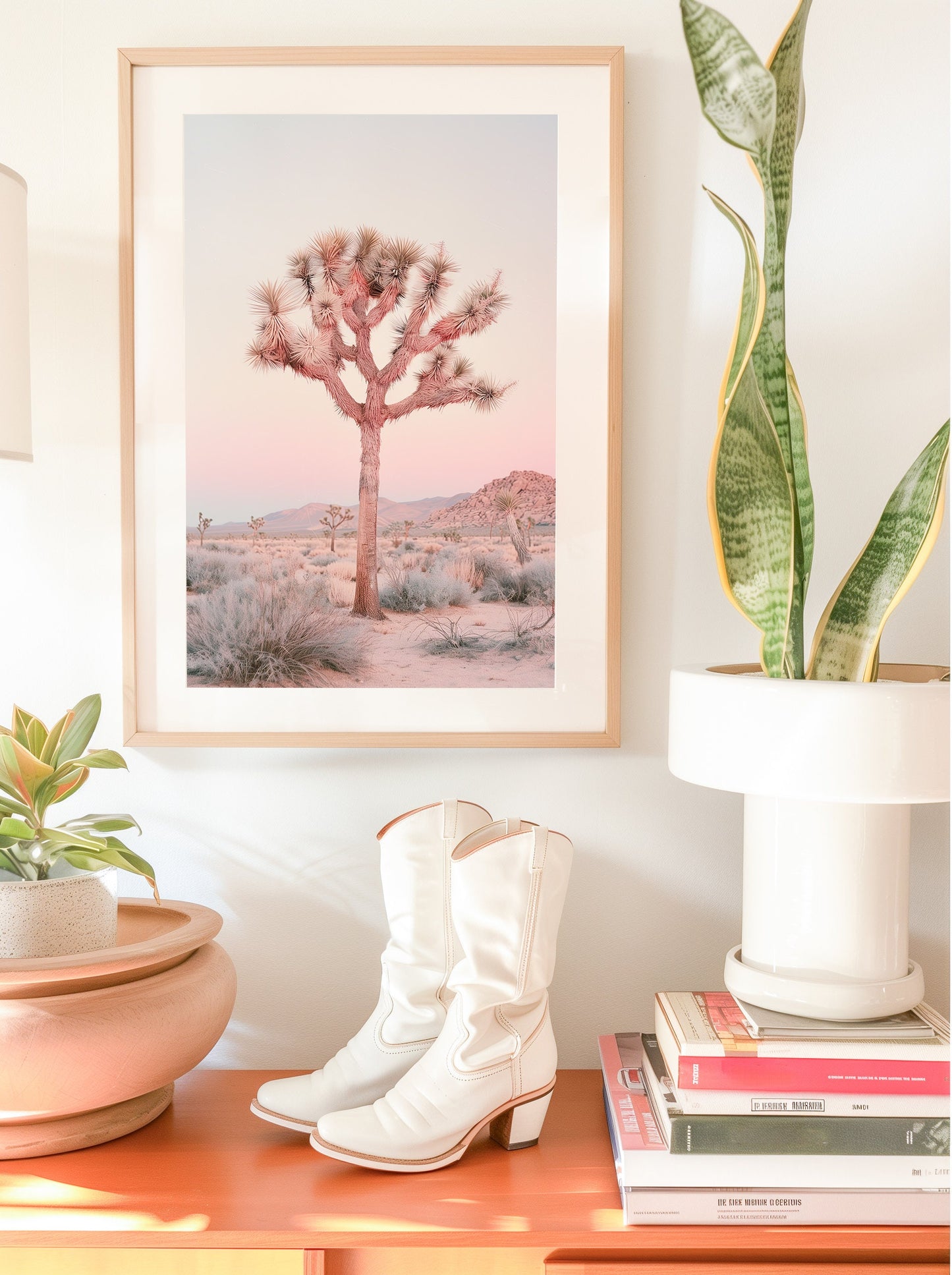 Joshua Tree wall art with a pastel desert landscape, perfect for contemporary and boho chic interiors.