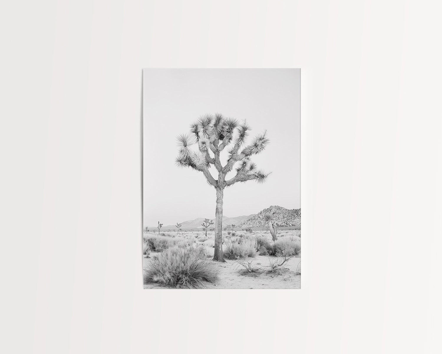 Black and white Joshua Tree art print featuring a desert landscape, perfect for contemporary and southwestern decor.
