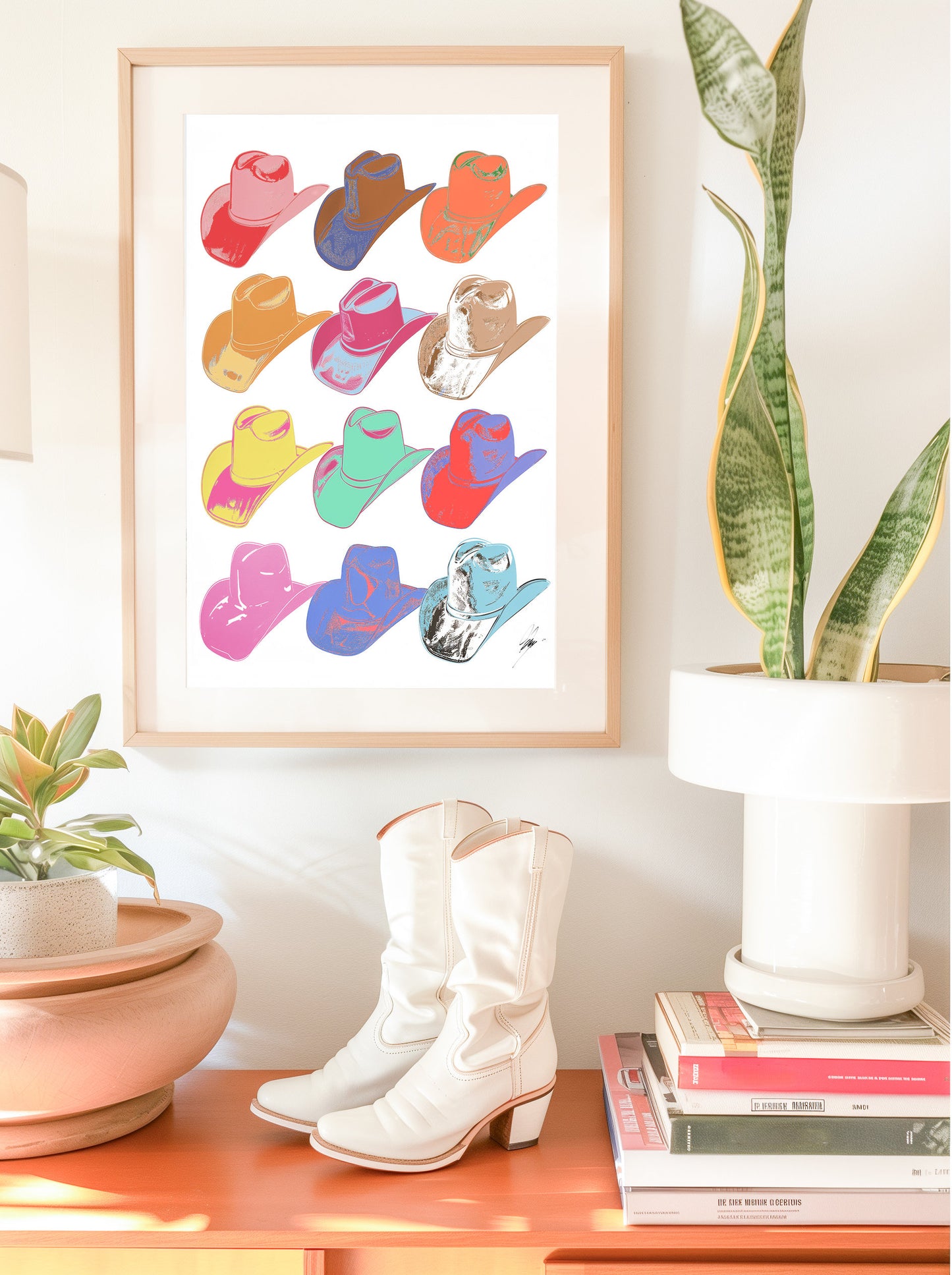 Pop art cowboy hats print featuring colorful, multicolor cowboy hats arranged in a grid. Ideal for modern western decor, retro pop art lovers, and eclectic wall art styles.