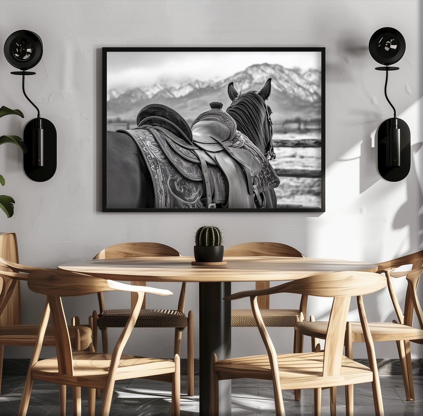 Black and white horse photography print featuring a horse with a detailed western saddle, set against a mountain landscape. Ideal for rustic equestrian decor and western-inspired art.