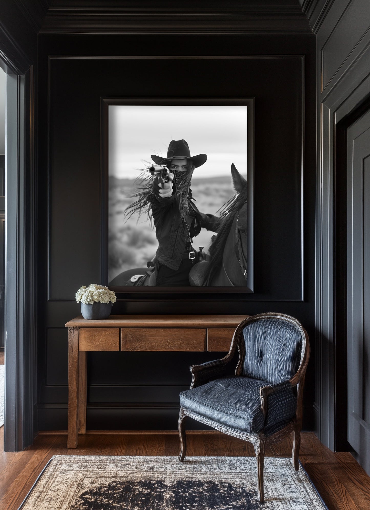 Black and white photograph of a female cowboy riding a horse, wearing a hat and bandana, aiming a revolver directly at the camera. The image captures a powerful, dramatic moment with a Western theme.