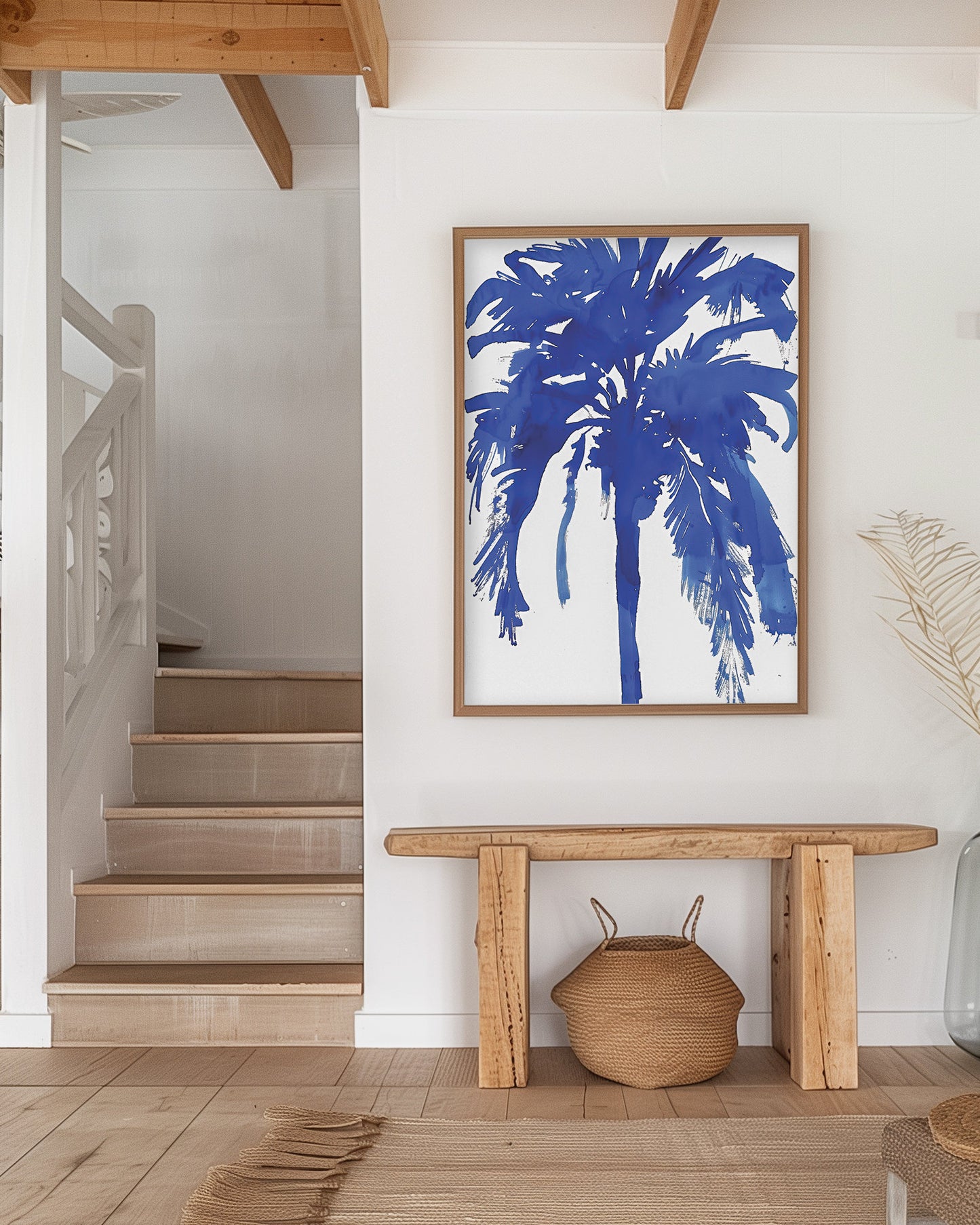 Bold blue abstract palm tree art print with minimalist design, featuring a deep navy silhouette of a palm tree on a white background. Perfect for modern coastal or tropical-inspired decor.