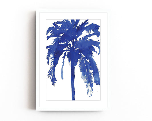 Bold blue abstract palm tree art print with minimalist design, featuring a deep navy silhouette of a palm tree on a white background. Perfect for modern coastal or tropical-inspired decor.