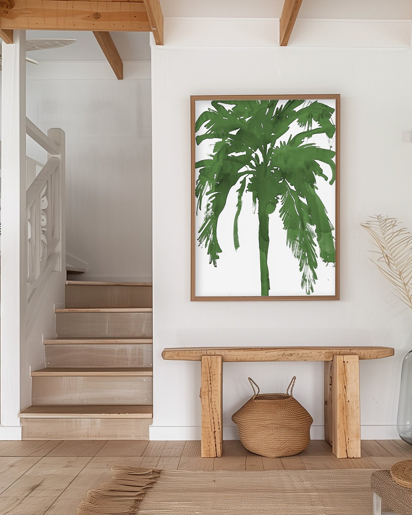 Bold green palm tree silhouette art print in a minimalist style on a white background. Perfect for tropical, coastal, or nature-inspired decor, this abstract botanical print adds a vibrant and modern touch to any space.