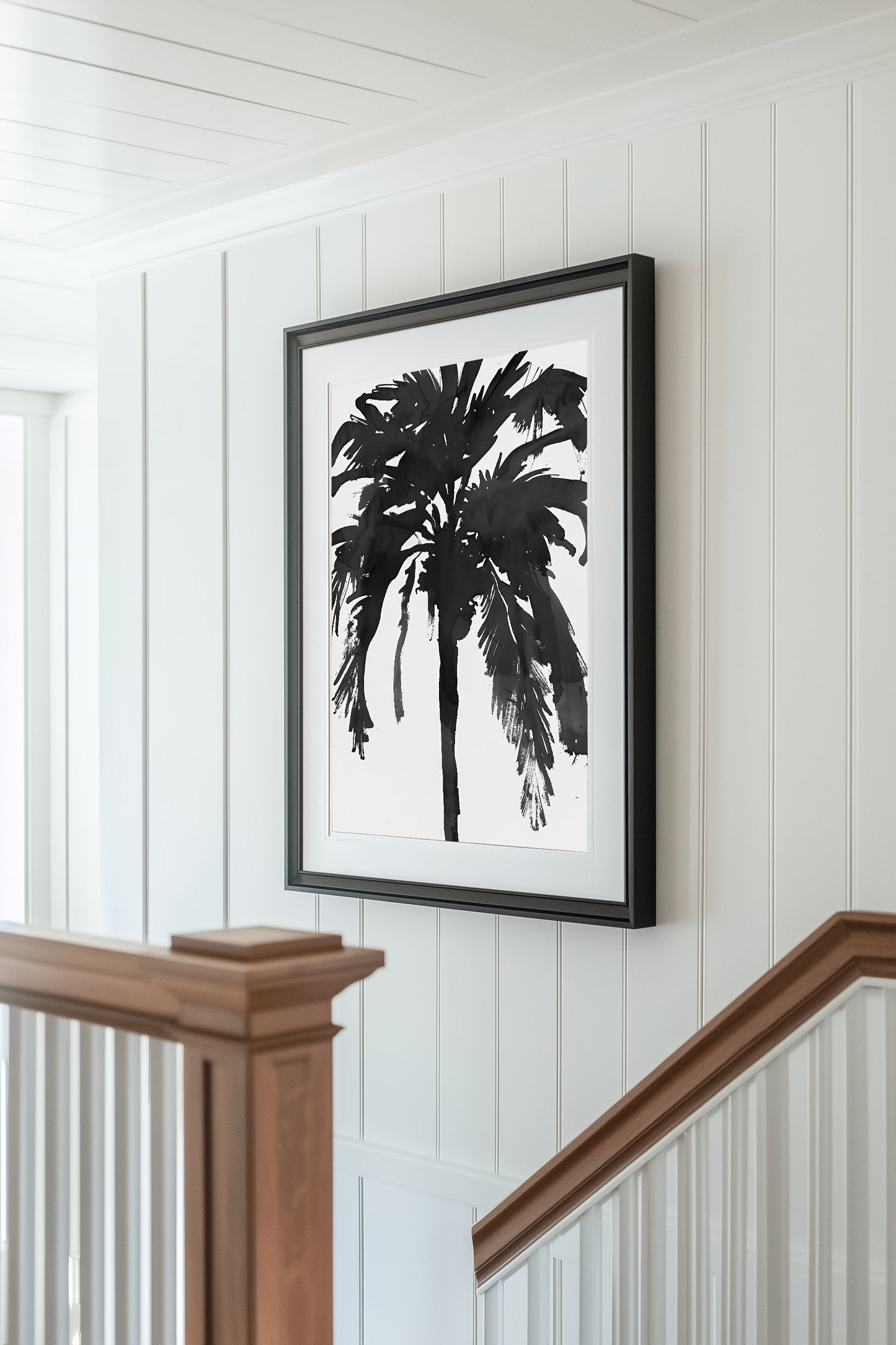 Black and white silhouette of a palm tree, featuring a minimalist abstract design that adds bold tropical elegance to modern interiors.