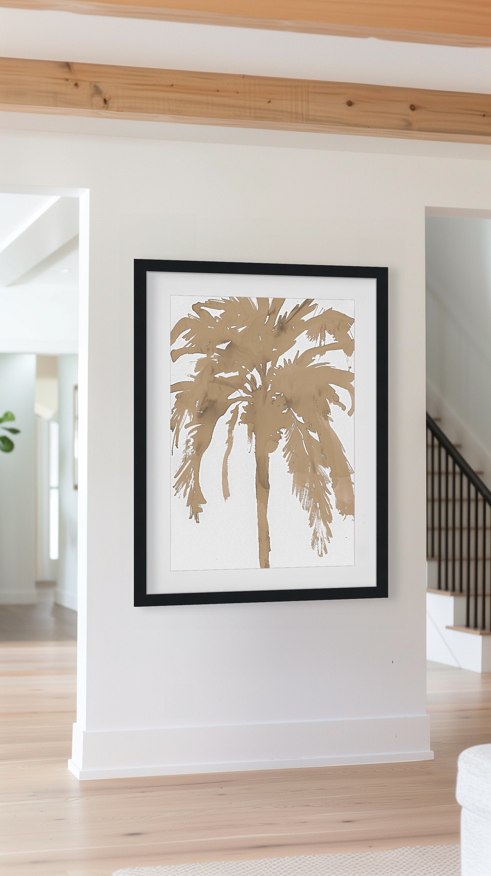 Minimalist palm tree art print featuring neutral tones and abstract watercolor design, perfect for contemporary botanical wall art and warm decor.