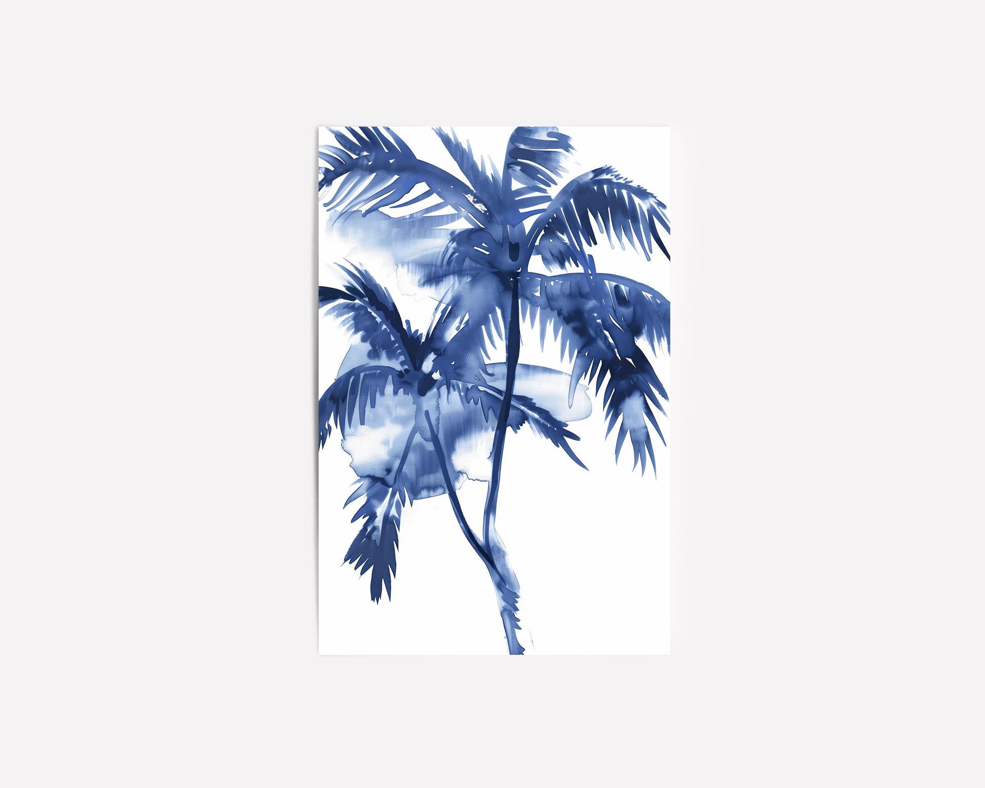 Blue watercolor palm tree print in a black frame, featuring vibrant tropical palms with a calming coastal feel.