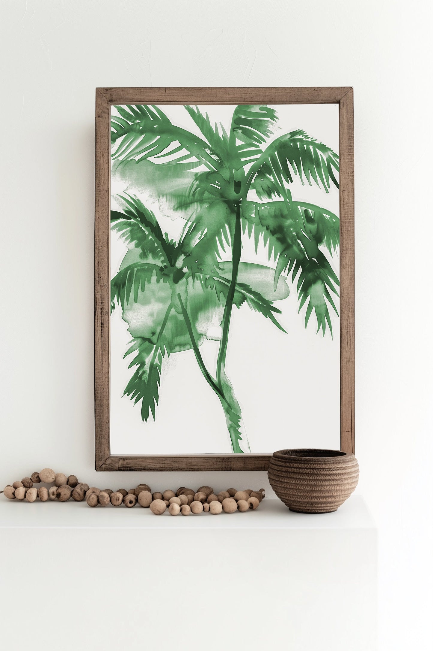 Green watercolor palm tree art print featuring tropical leaves in a minimalist style, perfect for modern nature-inspired decor.