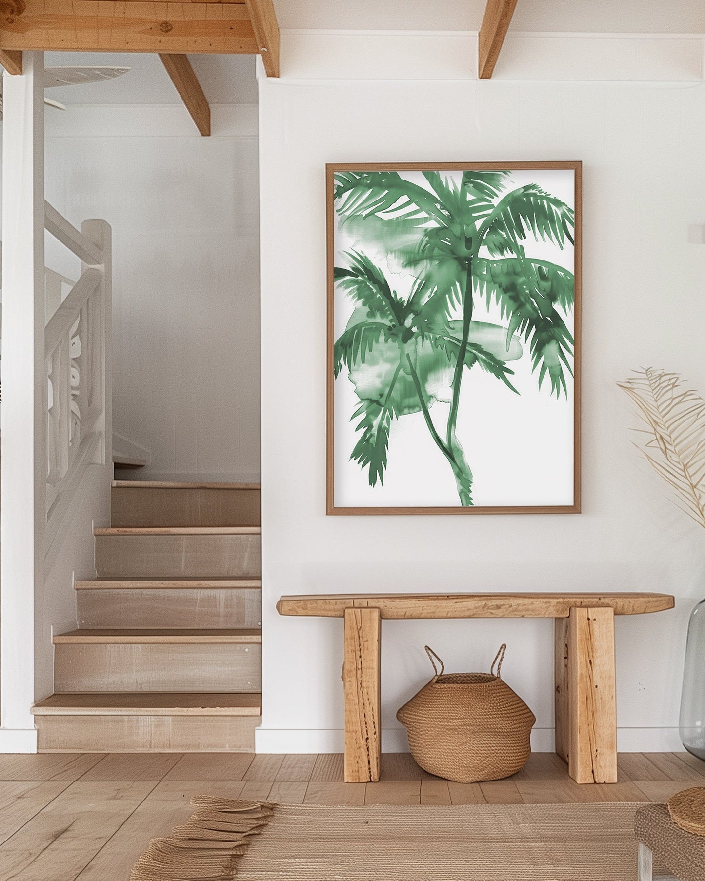 Green watercolor palm tree art print featuring tropical leaves in a minimalist style, perfect for modern nature-inspired decor.