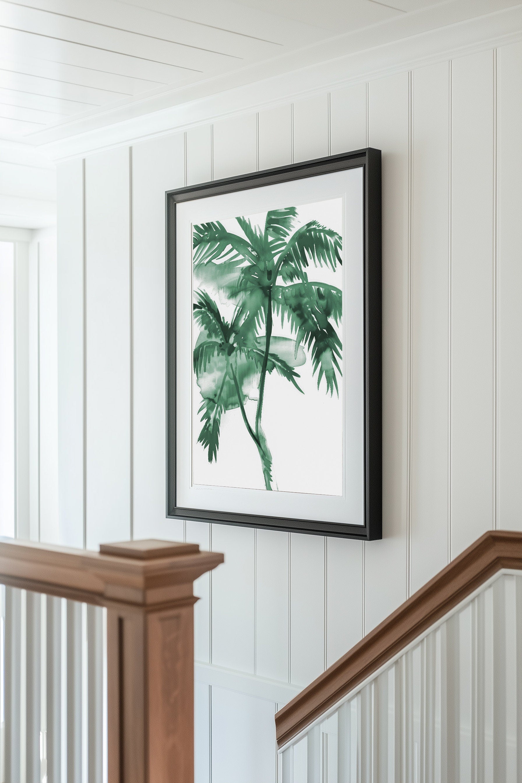 Green watercolor palm tree art print featuring tropical leaves in a minimalist style, perfect for modern nature-inspired decor.