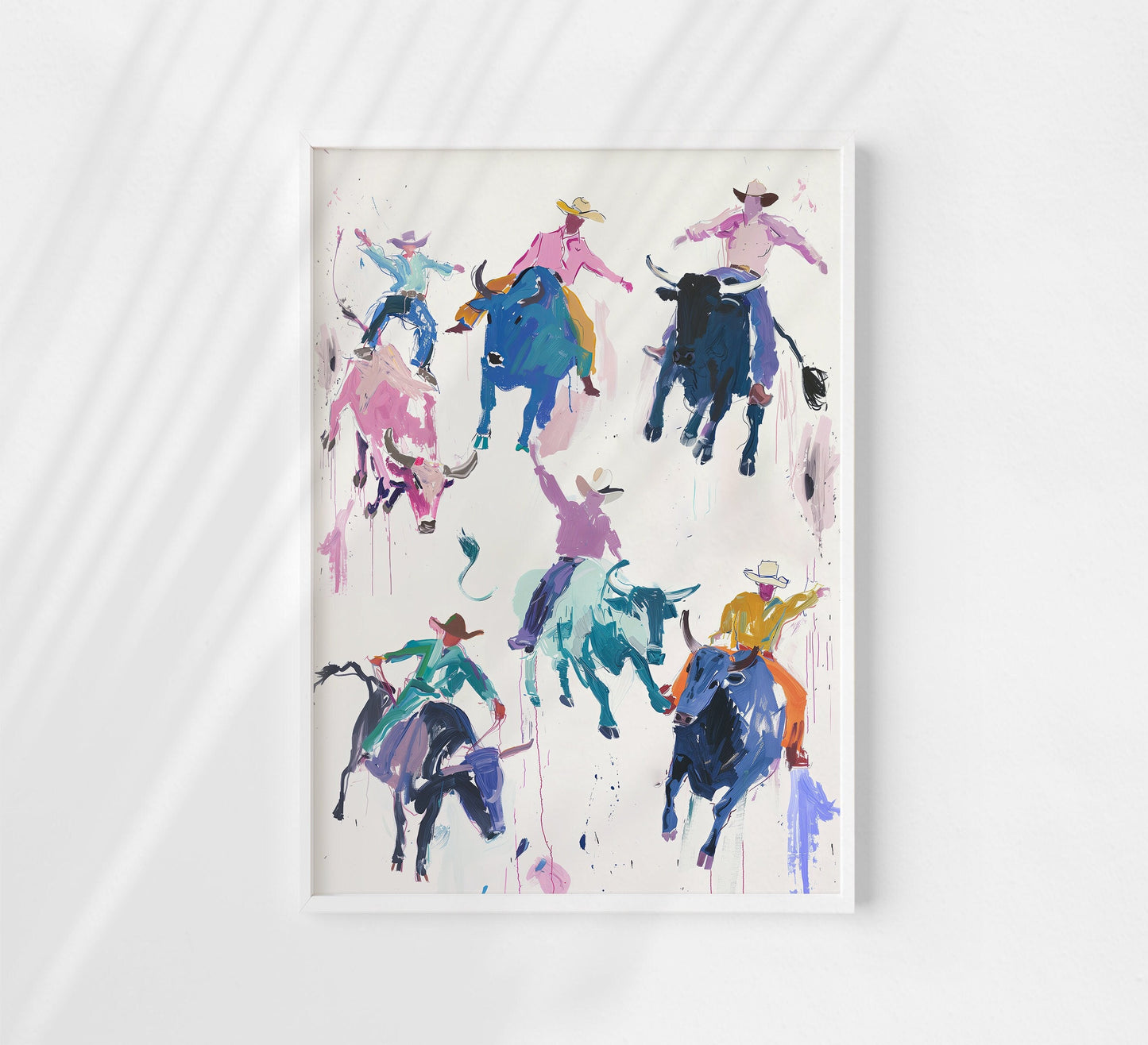 Colorful rodeo art print featuring vibrant cowboys riding bulls in a playful, abstract style. Perfect for modern western decor, contemporary rodeo wall art, and bold cowboy-inspired decor.