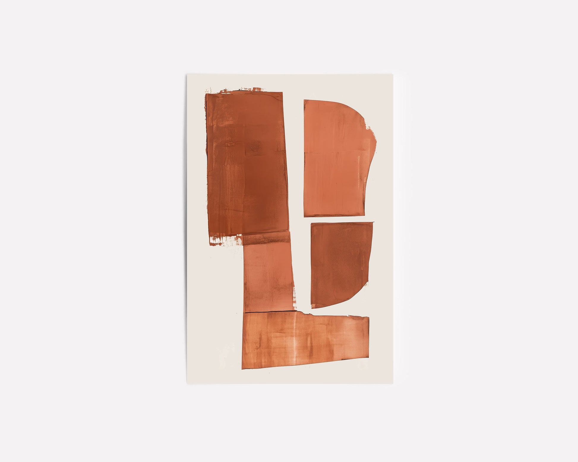 Abstract geometric art print featuring bold terracotta shapes on a minimalist white background. Ideal for modern and mid-century inspired decor and contemporary geometric wall art.