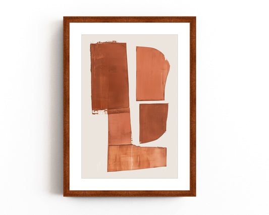 Abstract geometric art print featuring bold terracotta shapes on a minimalist white background. Ideal for modern and mid-century inspired decor and contemporary geometric wall art.