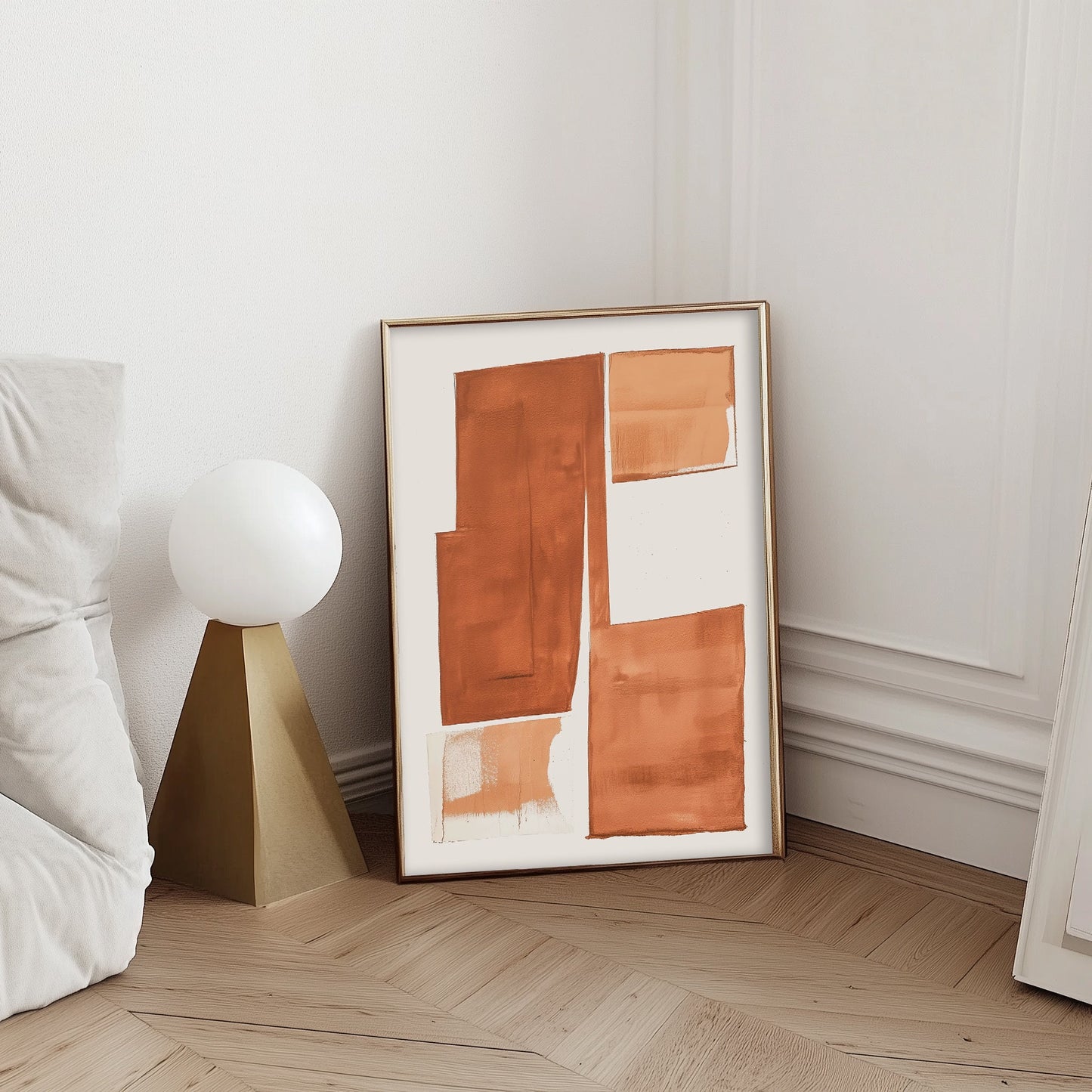 Minimalist geometric abstract art print in warm earth tones, perfect for mid-century modern or boho chic home decor.