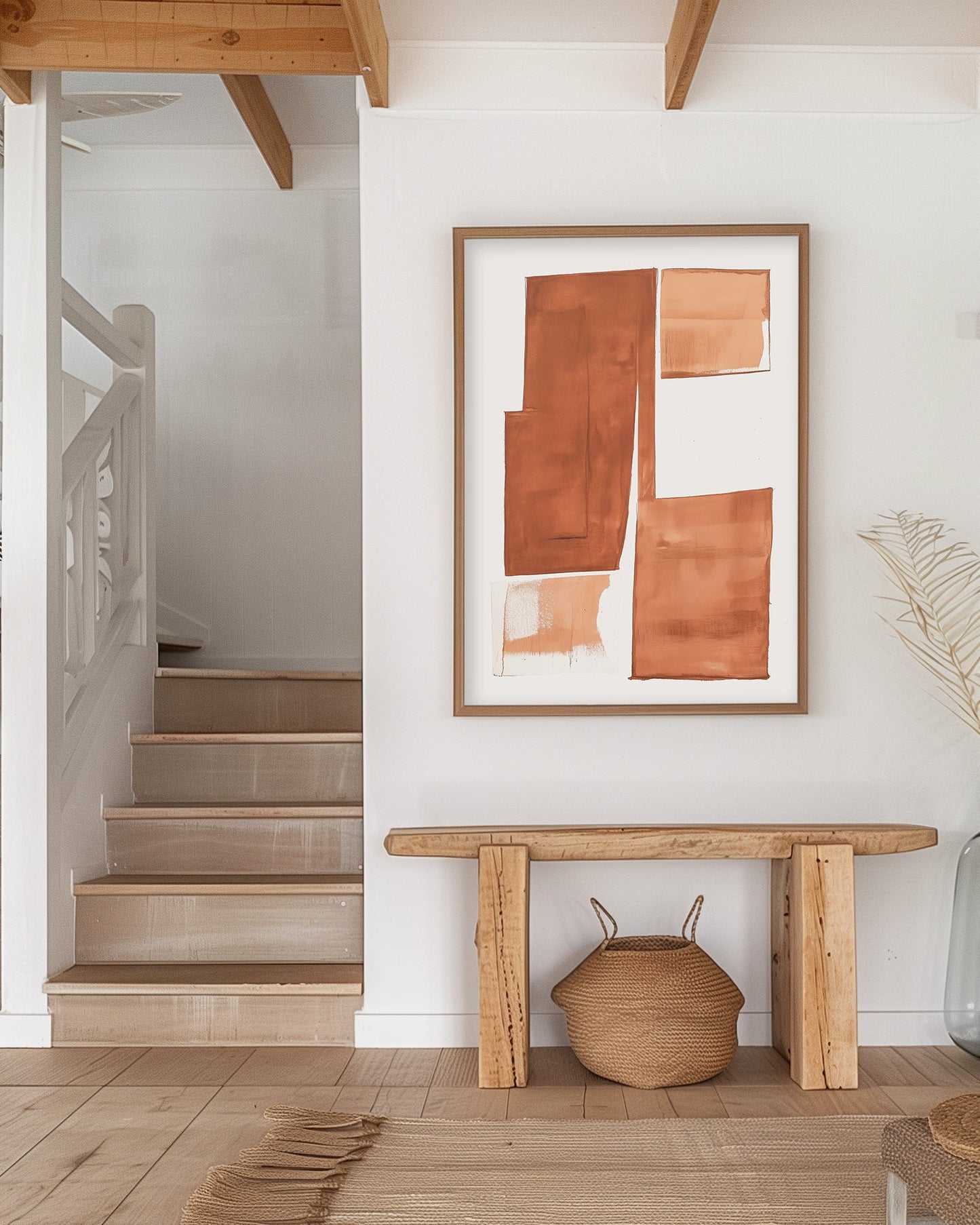 Minimalist geometric abstract art print in warm earth tones, perfect for mid-century modern or boho chic home decor.