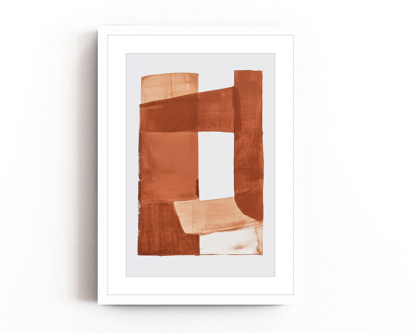 Minimalist abstract art print with geometric shapes in warm earth tones for a contemporary or mid-century modern aesthetic.