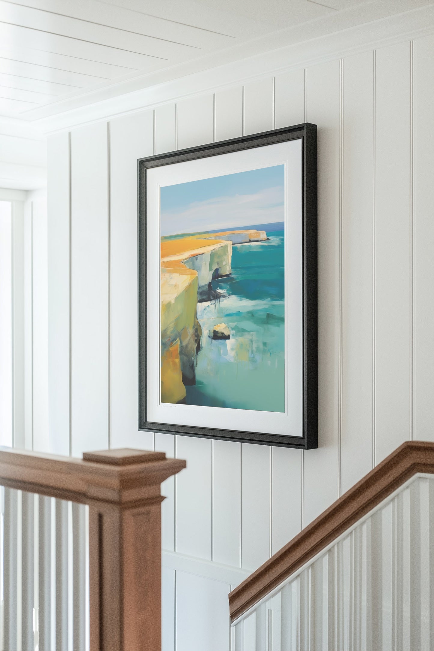 Abstract coastal cliff landscape art print with vibrant ocean blues and rugged seaside cliffs, perfect for contemporary coastal decor and beach house walls.