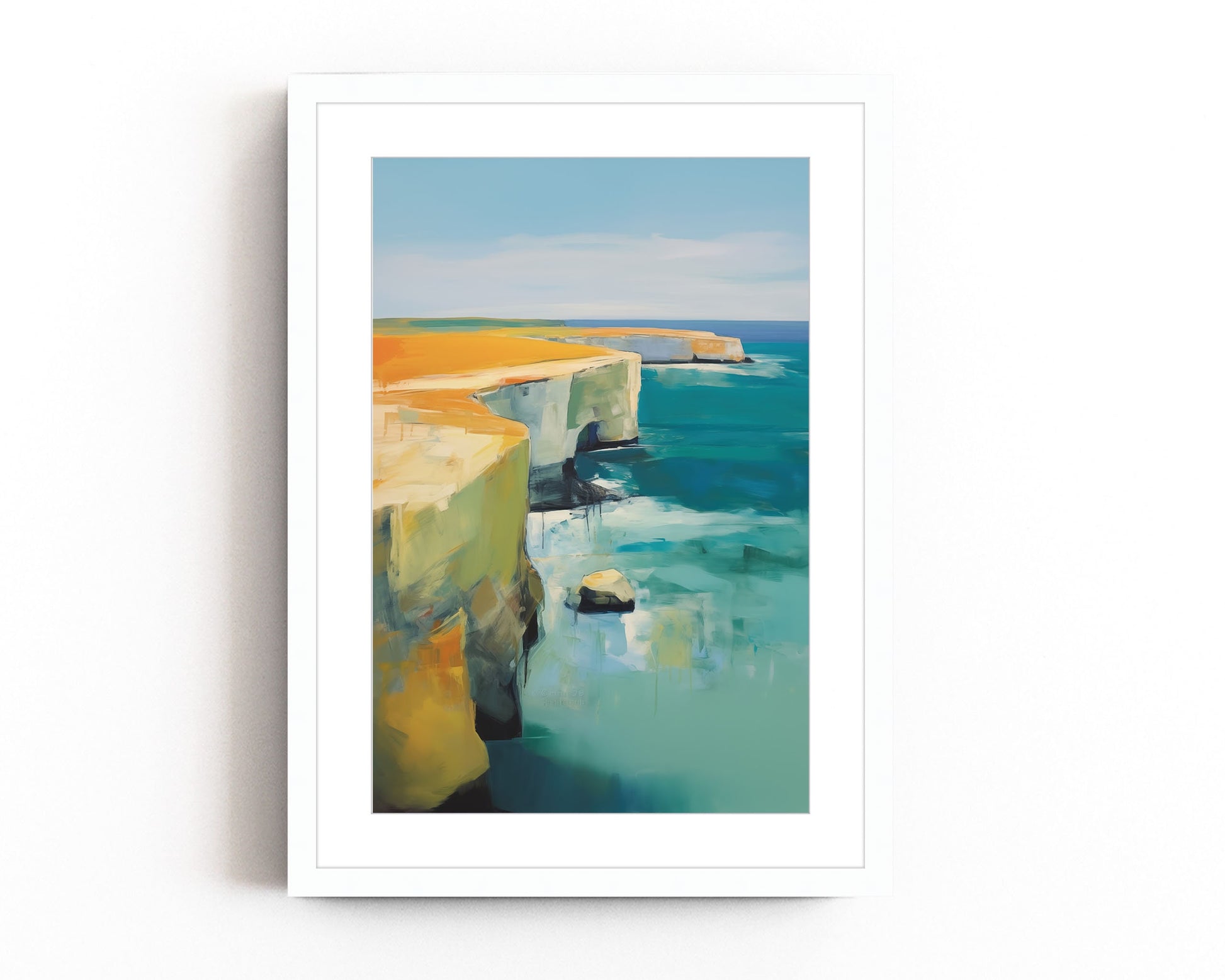 Abstract coastal cliff landscape art print with vibrant ocean blues and rugged seaside cliffs, perfect for contemporary coastal decor and beach house walls.