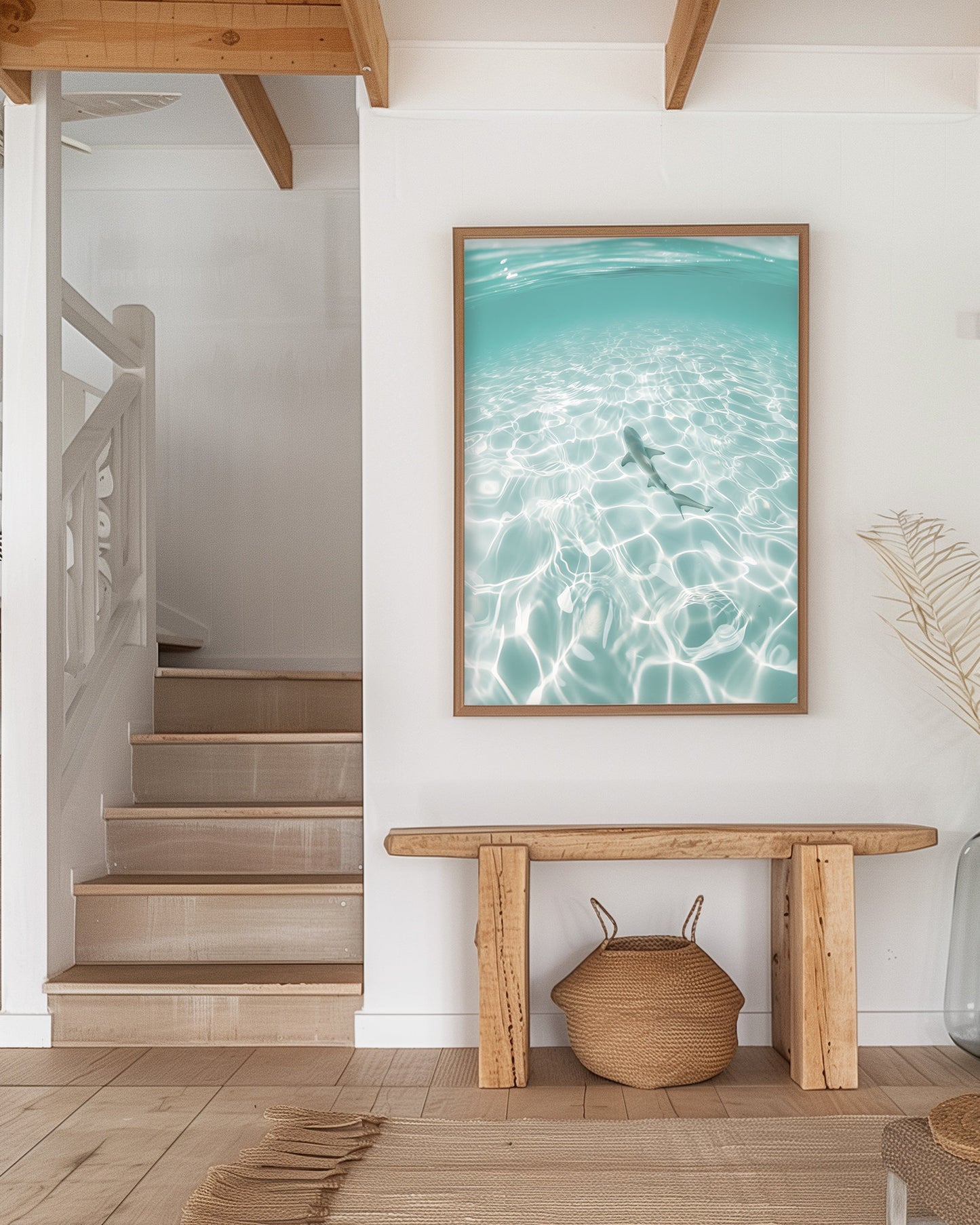 Underwater ocean photography print of a shark swimming through clear tropical waters with sunlight reflections, capturing marine life tranquility.