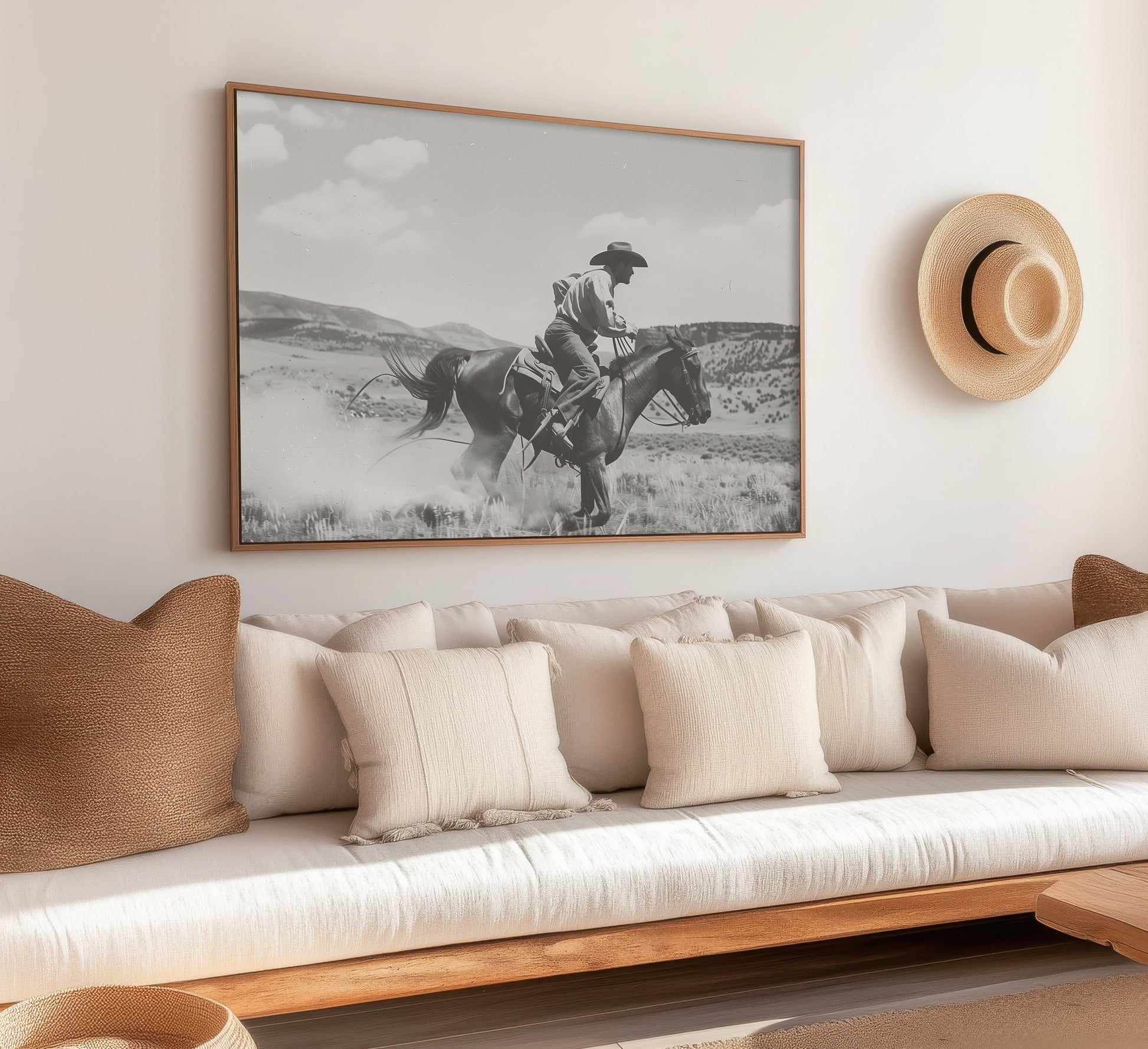 Black and white photography art featuring a cowboy riding a horse in a Western landscape, capturing the dynamic motion and timeless spirit of the Old West.