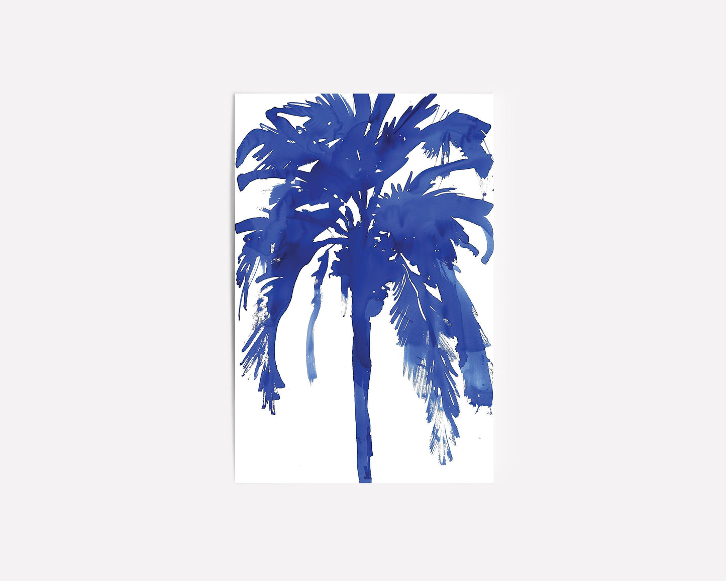 Bold blue abstract palm tree art print with minimalist design, featuring a deep navy silhouette of a palm tree on a white background. Perfect for modern coastal or tropical-inspired decor.