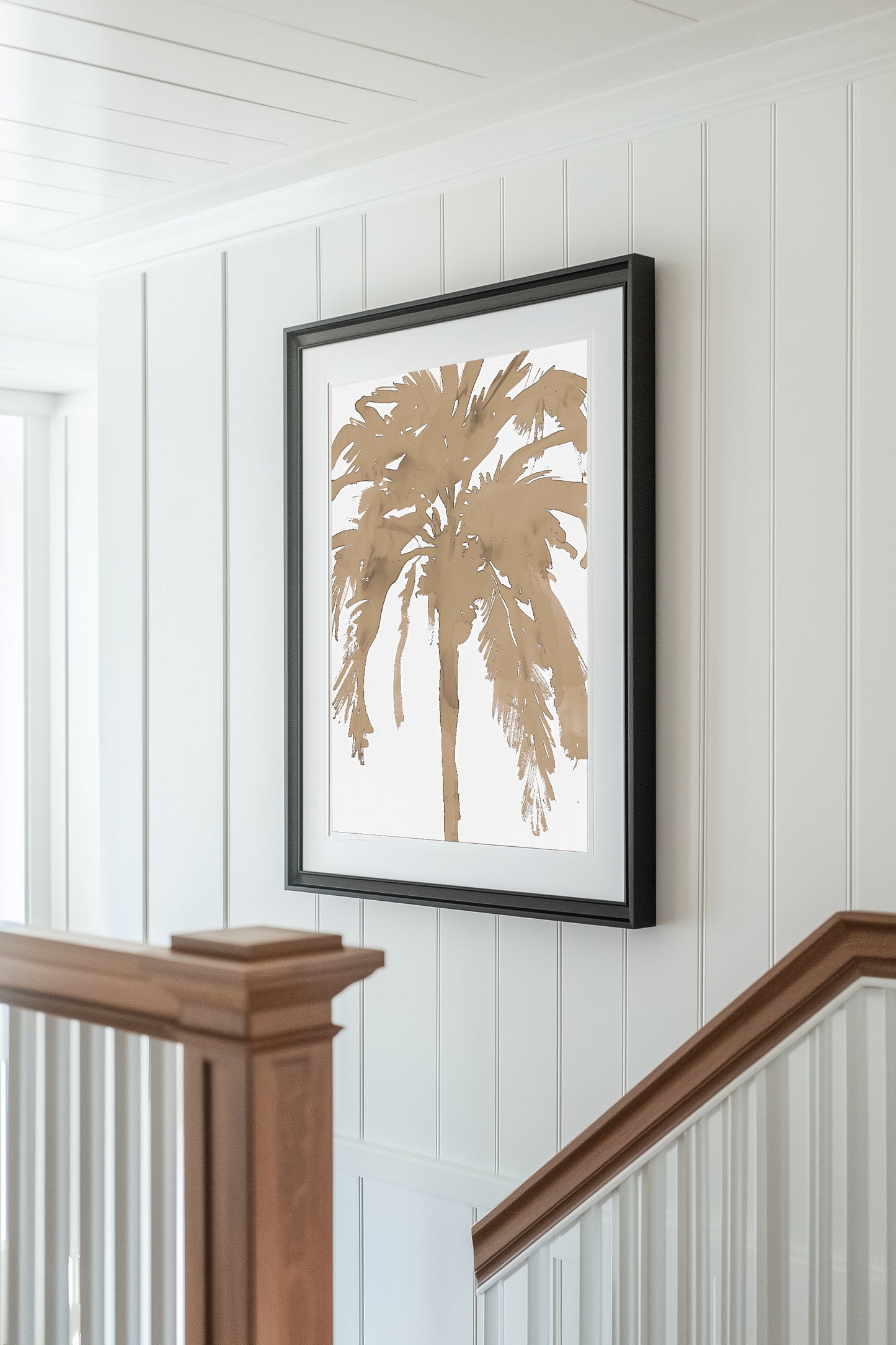 Minimalist palm tree art print featuring neutral tones and abstract watercolor design, perfect for contemporary botanical wall art and warm decor.