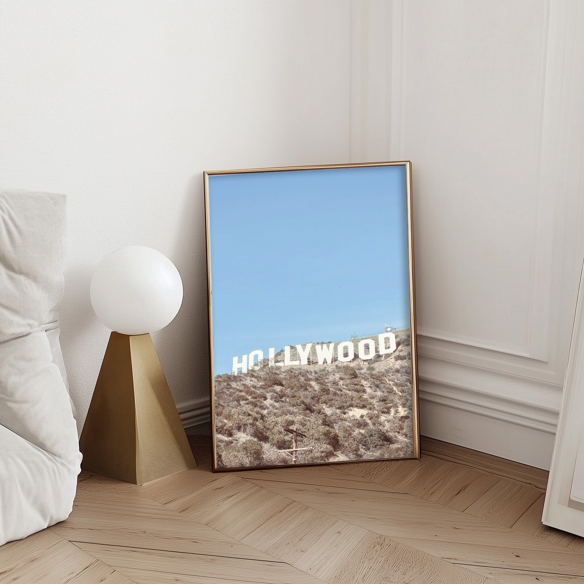 Iconic Hollywood sign photography print featuring the famous California landmark against the backdrop of the Hollywood hills.