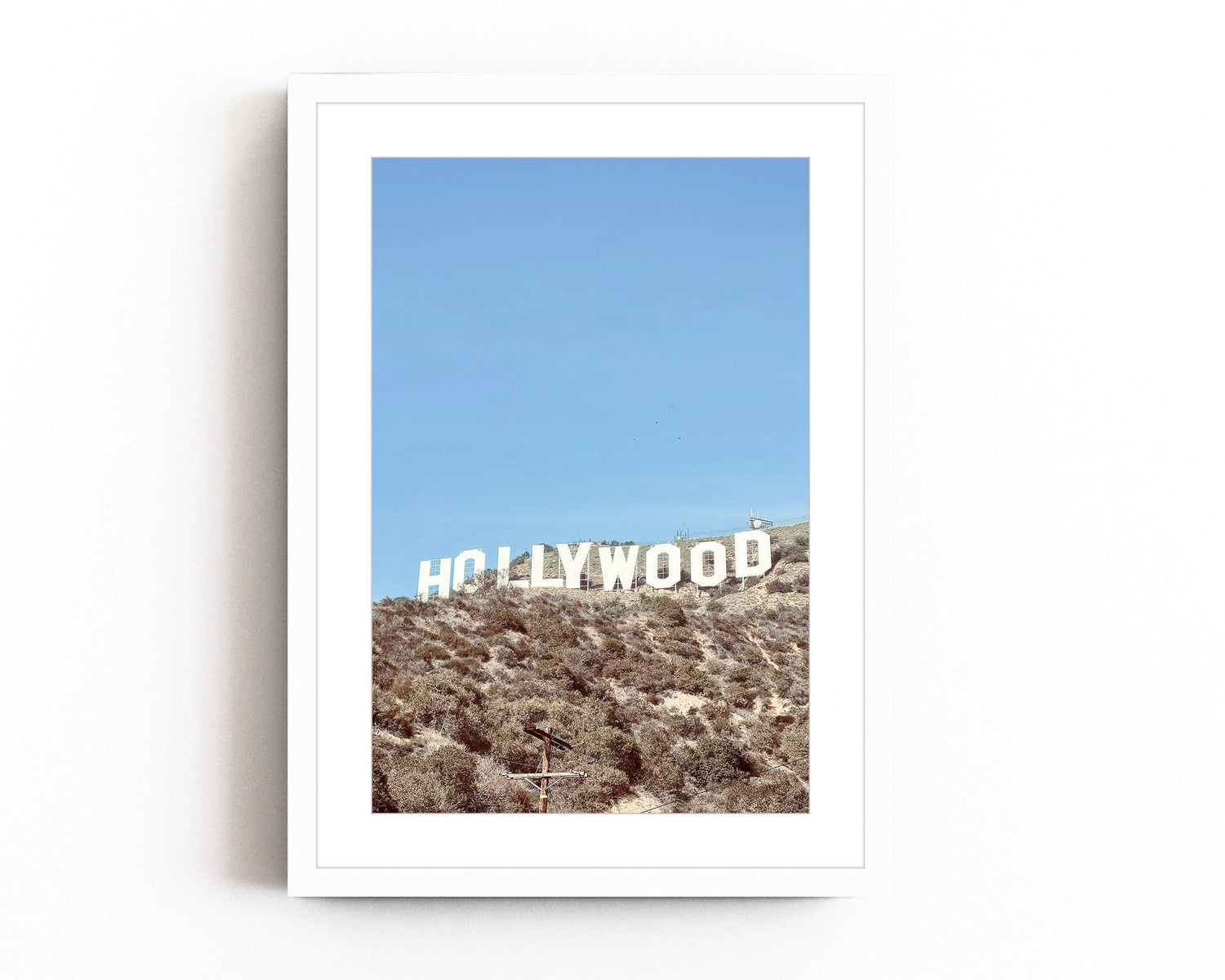  Iconic Hollywood sign photography print featuring the famous California landmark against the backdrop of the Hollywood hills.